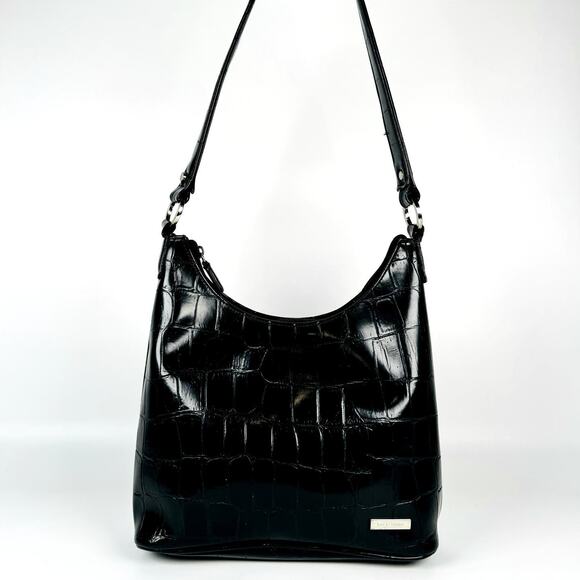 Nine & Company Women's Shoulder Bag Black Crocodile Print Patent Leather Purse - Picture 2 of 9